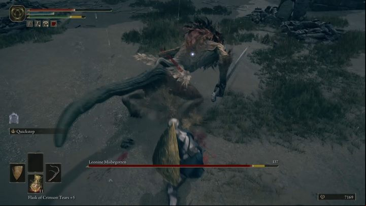 When he grabs his sword with both hands, it means he will slow down a bit, although he will deal more severe damage at the same time - Elden Ring: How to beat Leonine Misbegotten? - Weeping Peninsula - Elden Ring Guide