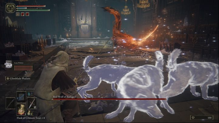 During the battle you should run away to a safe distance and then cast as many spells as you can - Elden Ring: How to beat Red Wolf of Radagon? - Liurnia of the Lakes - Elden Ring Guide