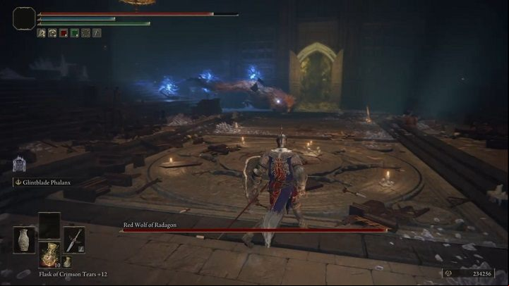If possible, stay behind the boss's back - this way, the magic sword's attacks will be easier to avoid - Elden Ring: How to beat Red Wolf of Radagon? - Liurnia of the Lakes - Elden Ring Guide