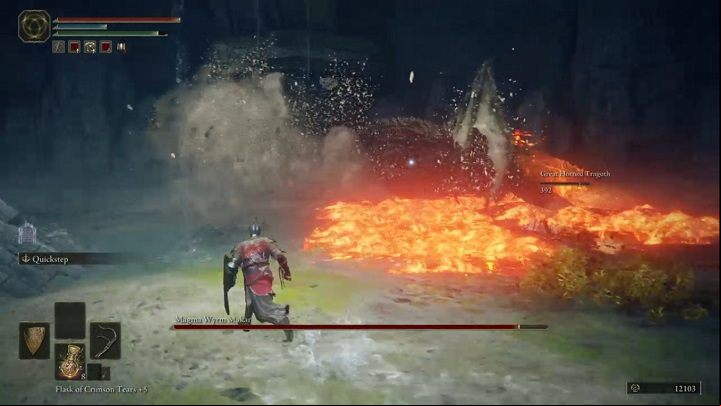 in one of his attacks the enemy charges forward and breathes fire - Elden Ring: How to beat Magma Wyrm Makar? - Liurnia of the Lakes - Elden Ring Guide
