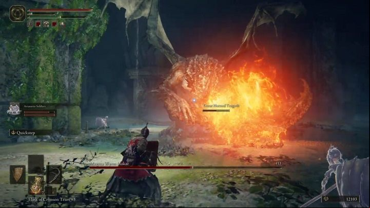 Halfway through the fight you will notice that the boss is standing on his hind legs and lava is pouring out of his mouth - Elden Ring: How to beat Magma Wyrm Makar? - Liurnia of the Lakes - Elden Ring Guide