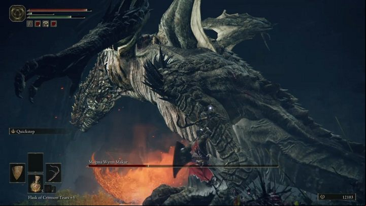 From now on, Magma Wyrm Makar will attack with his sword and move on his hind legs - Elden Ring: How to beat Magma Wyrm Makar? - Liurnia of the Lakes - Elden Ring Guide