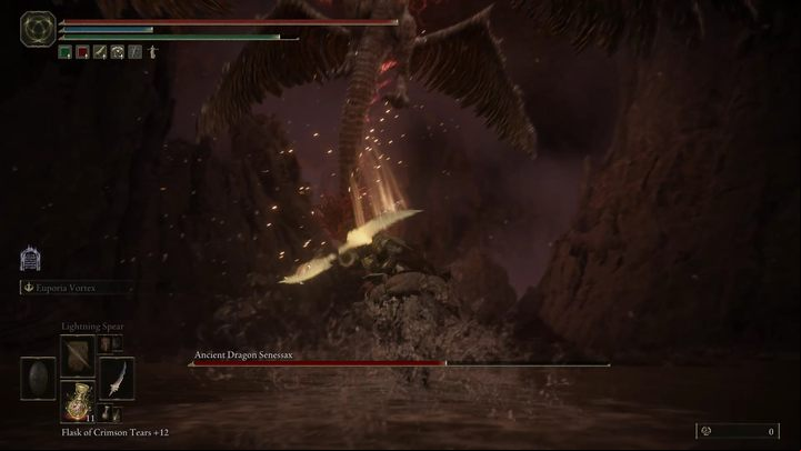 Occasionally, the boss may fly into the air, where he will either breathe fire at you or attempt to crush you - Shadow of the Erdtree: How to defeat the Ancient Dragon Senessax boss? - Side bosses - Elden Ring Guide