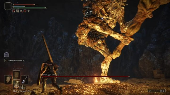 Try to stick to your opponent's back and hit his legs from behind - Elden Ring: How to beat Stonedigger Troll? - Limgrave - Elden Ring Guide