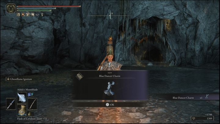 For defeating the Guardian Golem, you will receive the Blue Dancer Charm and 1700 Runes - Elden Ring: How to beat Guardian Golem? - Limgrave - Elden Ring Guide
