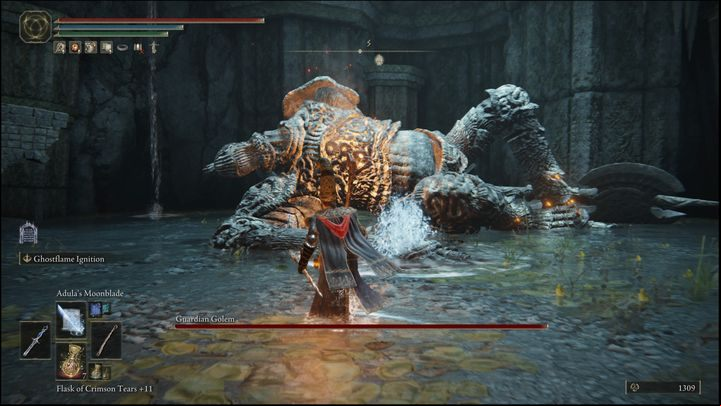 Focus mainly on one leg because if you hit it several times, the boss will fall over, and you will have a chance of a critical hit by approaching his chest - Elden Ring: How to beat Guardian Golem? - Limgrave - Elden Ring Guide