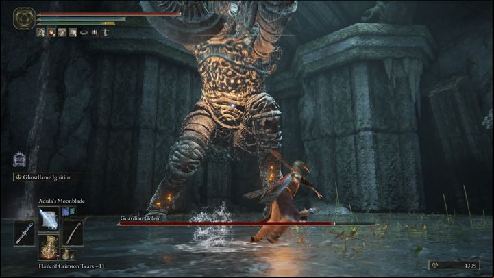 However, don't stand under his feet for too long because then he will switch his attacks to different ones that target anything under his feet - Elden Ring: How to beat Guardian Golem? - Limgrave - Elden Ring Guide