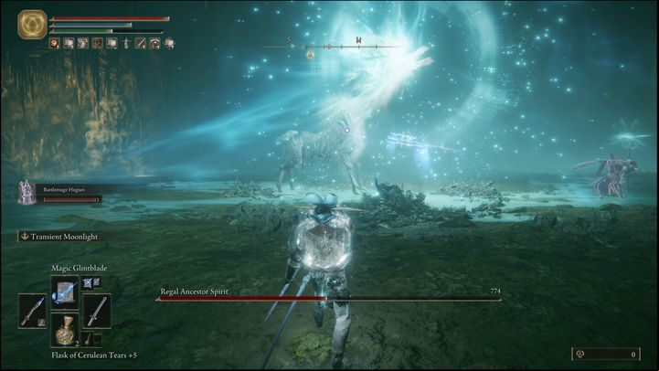When the Regal Ancestor Spirit emits a bright light and stands still, he will use a spell that will heal him by a lot - Elden Ring: How to beat Regal Ancestor Spirit? - Nokron, Eternal City - Elden Ring Guide