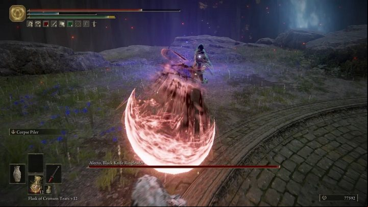 If you are at a medium distance from the enemy, he may fire a projectile (similar one to Black Knife Assassin) - Elden Ring: How to beat Alecto, Black Knife Ringleader? - Liurnia of the Lakes - Elden Ring Guide
