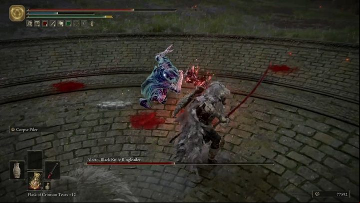 The opponent will sometimes set his dagger on fire and start charging a jump - Elden Ring: How to beat Alecto, Black Knife Ringleader? - Liurnia of the Lakes - Elden Ring Guide