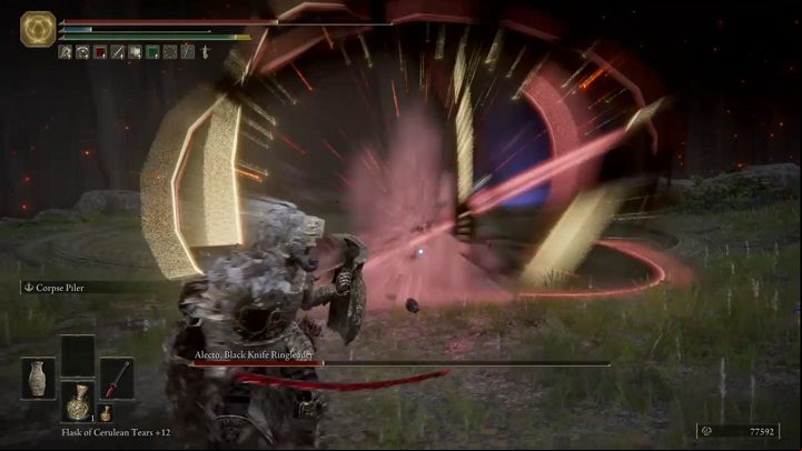 Using health items can be difficult, as the enemy seems to have infinite stamina - whenever you move away from it to try to apply a health potion, he will either attack with his melee weapon or fire a projectile So heal as often as you can and start the fight only after you' - Elden Ring: How to beat Alecto, Black Knife Ringleader? - Liurnia of the Lakes - Elden Ring Guide
