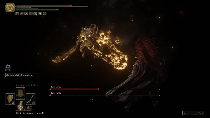 You should watch out when the Fell Twin burns with holy fire and throws projectiles - Elden Ring: How to beat Fell Twin? - Leyndell, the royal capital - Elden Ring Guide