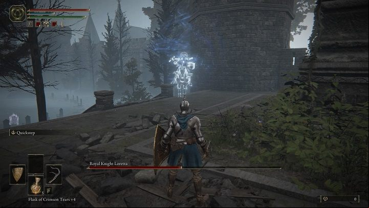 If you don't want the enemy to shorten the distance so often, you can go to the left side of the arena, where there is a building behind the stairs that will also help you take cover when healing - Elden Ring: How to beat Royal Knight Loretta? - Liurnia of the Lakes - Elden Ring Guide