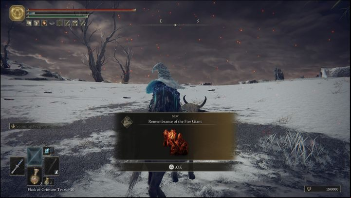 For defeating the Fire Giant, you will receive Runes (180,000) and Remembrance of the Fire Giant - Elden Ring: How to beat Fire Giant? - Mountaintops of the Giants - Elden Ring Guide
