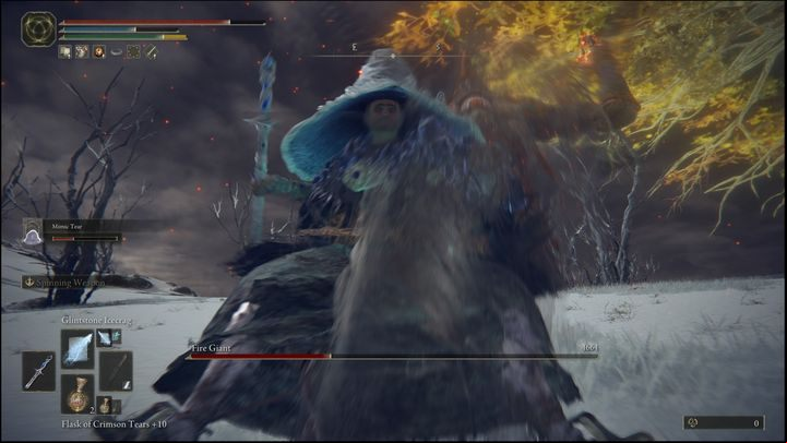 The moment you enter the boss arena, summon Black Knife Tiche, and then ride on your mount towards him - Elden Ring: How to beat Fire Giant? - Mountaintops of the Giants - Elden Ring Guide