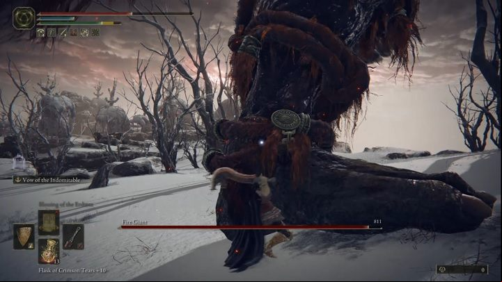 For the first part of the fight, stay close to the giant's left leg and attack it as often as possible - Elden Ring: How to beat Fire Giant? - Mountaintops of the Giants - Elden Ring Guide
