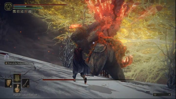 When you deplete the Giant's half of HP bar, the enemy will start to roll more often and use fire attacks - Elden Ring: How to beat Fire Giant? - Mountaintops of the Giants - Elden Ring Guide