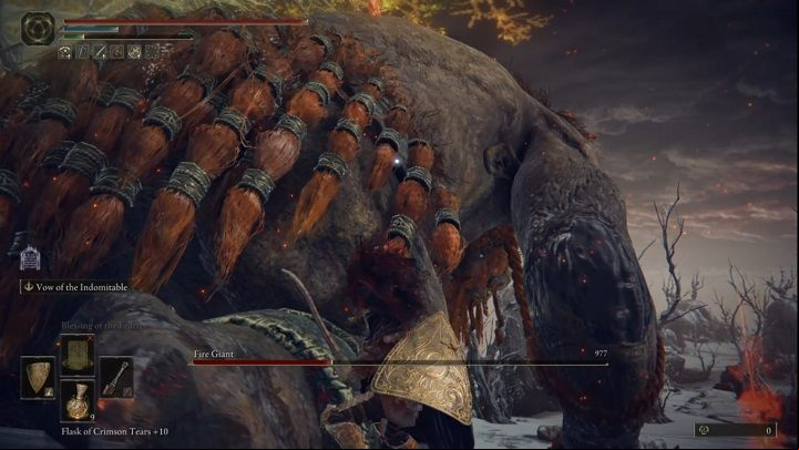The rest of the fight try to stay close to his right thigh - Elden Ring: How to beat Fire Giant? - Mountaintops of the Giants - Elden Ring Guide