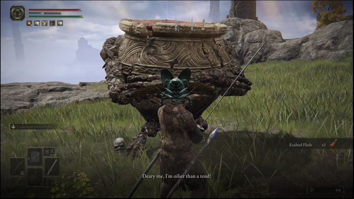 You need to get a pot filled with oil and throw it at Alexander to free him from the ground (you may need several throws) - Elden Ring: Iron Fist Alexander questline - walkthrough - Quests - Elden Ring Guide