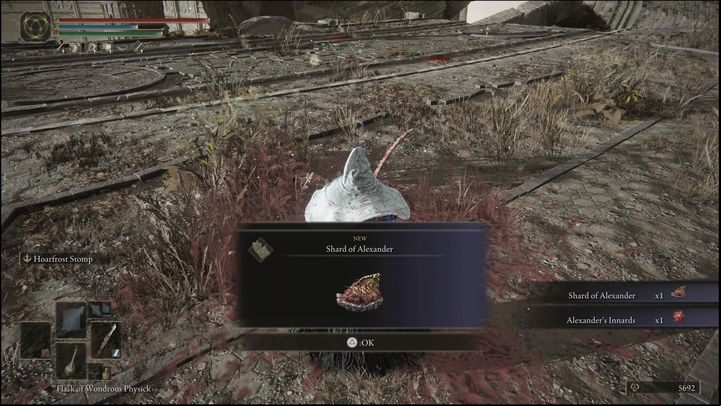 Completing Alexander's quest yields Shard of Alexander and Alexander's Innards - the second item is needed to complete Jar's questline - Elden Ring: Iron Fist Alexander questline - walkthrough - Quests - Elden Ring Guide