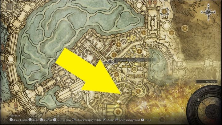 The white message on the ground in front of the statue says "Regression" - Elden Ring: Brother Corhyn / Goldmask - walkthrough - Quests - Elden Ring Guide