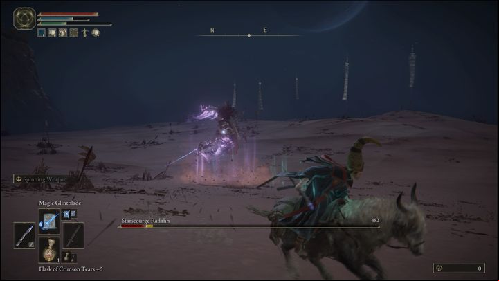 Each time the boss gets close and executes a combo, move away to a safe distance and cast Magic Glintblade - Elden Ring: How to beat Starscourge Radahn? - Caelid - Elden Ring Guide