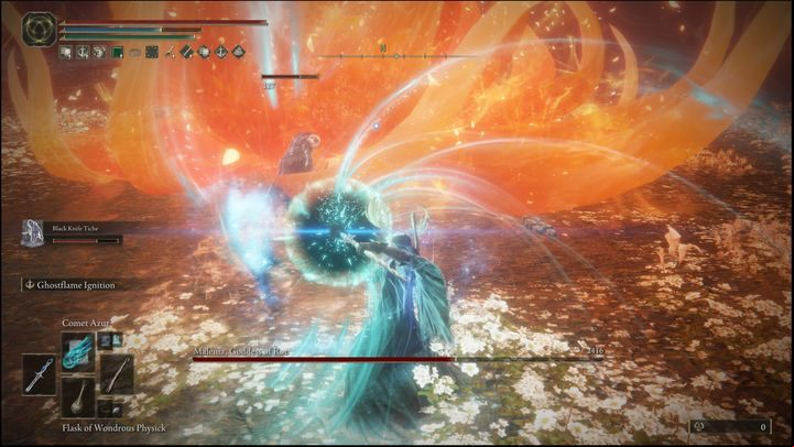 Retreat to a safe distance after dodging the mid-air attack, then cast Comet Azur - Elden Ring: How to beat Malenia, Blade of Miquella? - Miquellas Haligtree - Elden Ring Guide