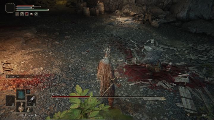 After his health bar drops below 50%, he will hide behind his shield and beg for mercy - Elden Ring: How to beat Patches? - Limgrave - Elden Ring Guide