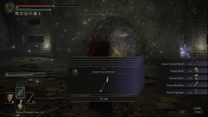 For defeating the Ancient Hero of Zamor in the Mountaintops of the Giants, you will receive Runes (83,000) and a item set consisting of the following elements: Zamor Curved Sword , Zamor Mask , Zamor Armor , Zamor Bracelets and Zamor Legwraps - Elden Ring: How to beat Ancient Hero of Zamor? - Weeping Peninsula - Elden Ring Guide