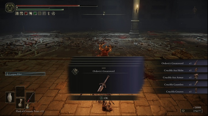 For defeating Crucible Knight Ordovis, you'll receive Runes (28,000) and a set - Elden Ring: How to beat Crucible Knight? - Stormhill - Elden Ring Guide