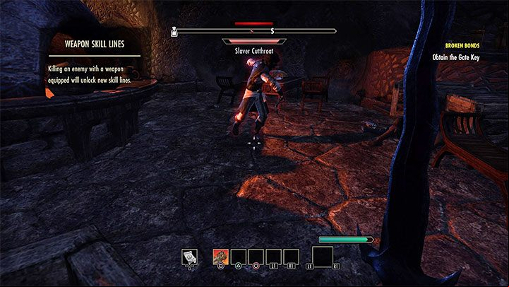 The first opponent, Slaver Cutthroat, will appear in the room - ESO: Morrowind tutorial, Broken Bonds quest walkthrough, tips - Starting the game - The Elder Scrolls Online Guide