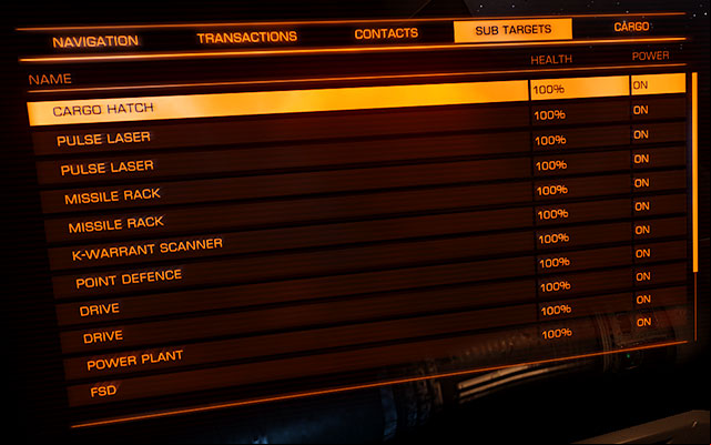 This bookmark has the written out list of each components mounted on the selected ship - (Left) Target - Ship Interface - Elite: Dangerous - Game Guide and Walkthrough