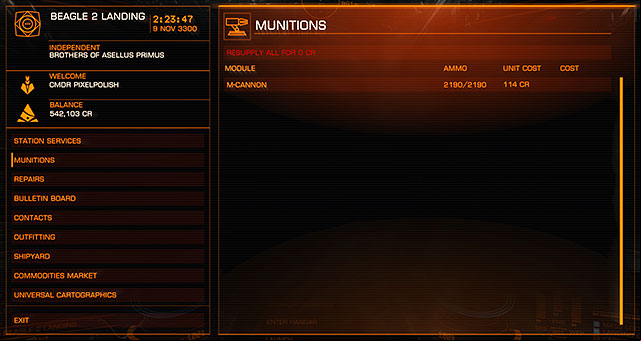 This window enables you the refill of the ammunition for each weapon and hardware (cannons, missiles, afterburners, radiators etc - Main Window - Interface on the stations - Elite: Dangerous - Game Guide and Walkthrough