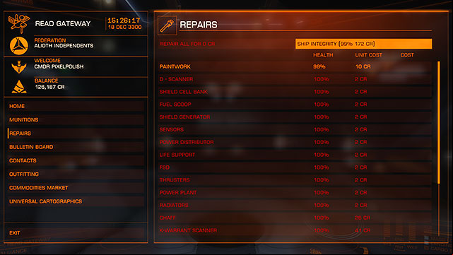 In the Repairs window you can repair each of the ships component separately or all at once - Main Window - Interface on the stations - Elite: Dangerous - Game Guide and Walkthrough