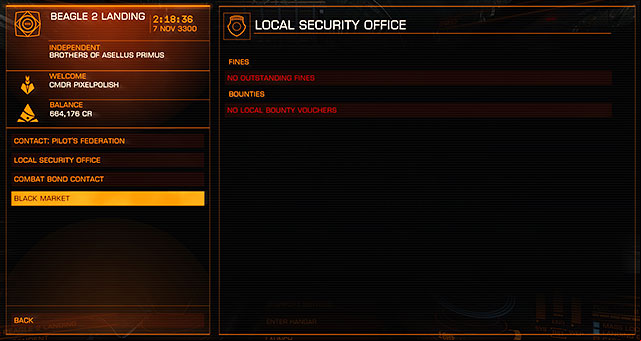 Here you can manage your financial actions with the Pilots Federation and the local government - Main Window - Interface on the stations - Elite: Dangerous - Game Guide and Walkthrough