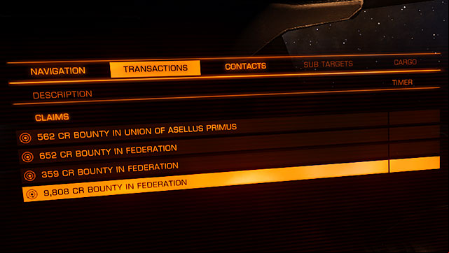 Information about the awaiting bounties can be found in the left , in the transactions bookmark - Professions - Earning your first money - Elite: Dangerous - Game Guide and Walkthrough