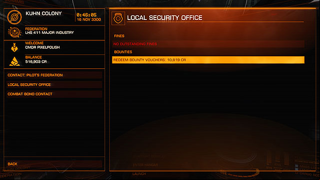 Now go to the specific station, then s > Local security Office to collect the credits - Professions - Earning your first money - Elite: Dangerous - Game Guide and Walkthrough