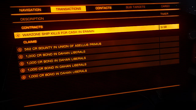 A number of eliminated ships, the sum of credits for doing so and the actual status of the mission can be tracked in the left in the transactions bookmark - Professions - Earning your first money - Elite: Dangerous - Game Guide and Walkthrough