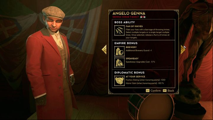 Angelo Genna is a character who proves himself on the level of diplomacy and a more combative approach - Empire of Sin: Angelo Genna - boss, characteristics - Bosses - Empire of Sin Guide