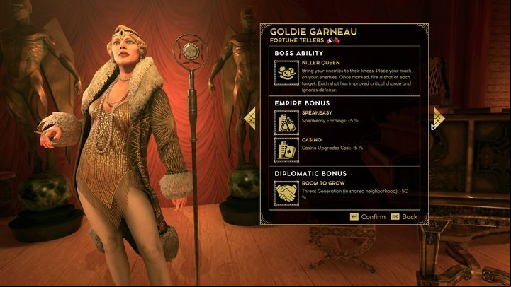 Goldie Garneau is a boss that works best if you want to advance through diplomacy - Empire of Sin: Goldie Garneau - boss, characteristics - Bosses - Empire of Sin Guide
