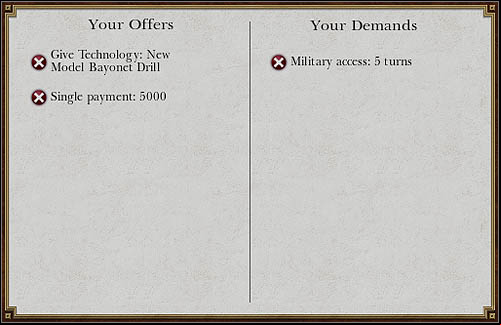 Military access in French cost me 5 000 and one technology. - Game Mechanics - Diplomacy - Concluding agreements - Diplomacy - Empire: Total War - Game Guide and Walkthrough
