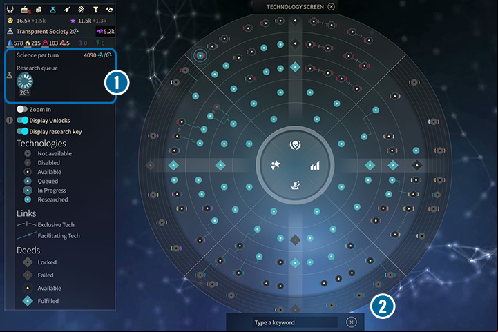 Here you can select the technologies, that you want your researchers to develop - Economy and Technology Screens - Interface - Endless Space 2 Game Guide