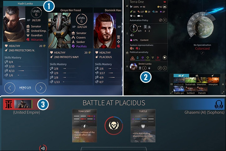 The characters in this game are buisy people. Hadri Lenko (1) during peacetime runs one of your systems (2) and commands the fleet (3) during war. - Heroes in Endless Space 2 - Gameplay basics - Endless Space 2 Game Guide
