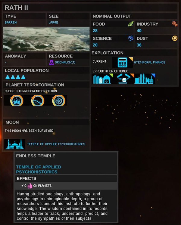 It turns out, that on the moon exists a temple increasing an approval of our population - Moons - Planet View - Endless Space - Game Guide and Walkthrough