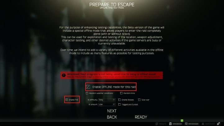 The options shown above allow you to play offline with bots. - How to play Escape from Tarkov offline? - FAQ - Escape from Tarkov Guide