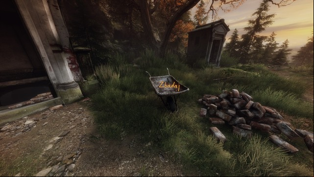Up ahead, there is an opened tomb and a wheelbarrow close to the entrance - Graveyard | Walkthrough - Walkthrough - The Vanishing of Ethan Carter Game Guide & Walkthrough