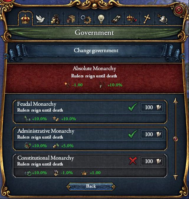 You can change the political system by clicking the crown icon in the Government tab - Dynasty and political system - istration - Europa Universalis IV - Game Guide and Walkthrough
