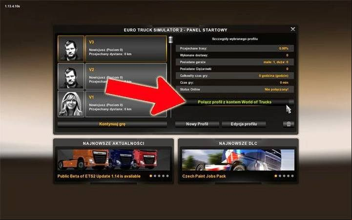 Merging your in-game profile with your online - click on Connect Profile to the World of Trucks button in the character selection screen - ETS2: Online and World of Trucks - Multiplayer - Euro Truck Simulator 2 Game Guide