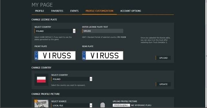Go to Profile customization tab where you can change your registration plate, choose your country and avatar (picture) - ETS2: Online and World of Trucks - Multiplayer - Euro Truck Simulator 2 Game Guide