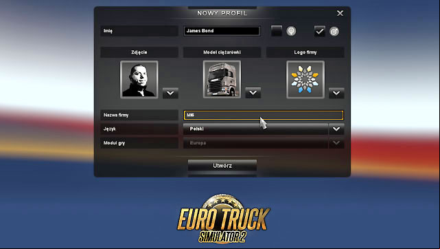 At the beginning create your profile, therefore select name, sex, company logo, photo (numerous to choose from), truck model and your companys name - ETS2: Player profile - Beginners Guide - First steps - Euro Truck Simulator 2 Game Guide